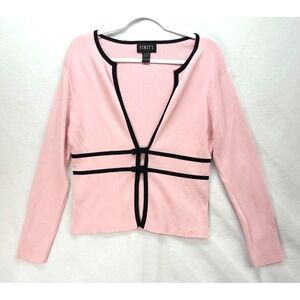 Womens Pink Sweater Blazer Black Bows Accent Sz L Coquette Office Casual Preppy